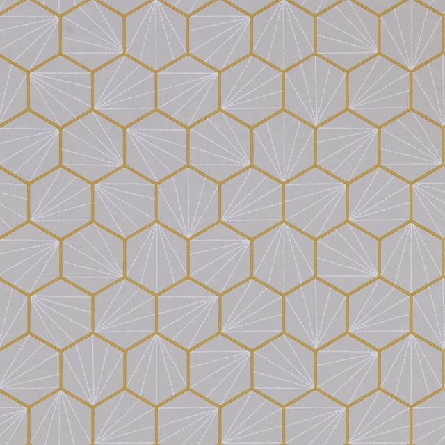 Cool dove-grey wallpaper with ochre hexagons and fine white fan lines