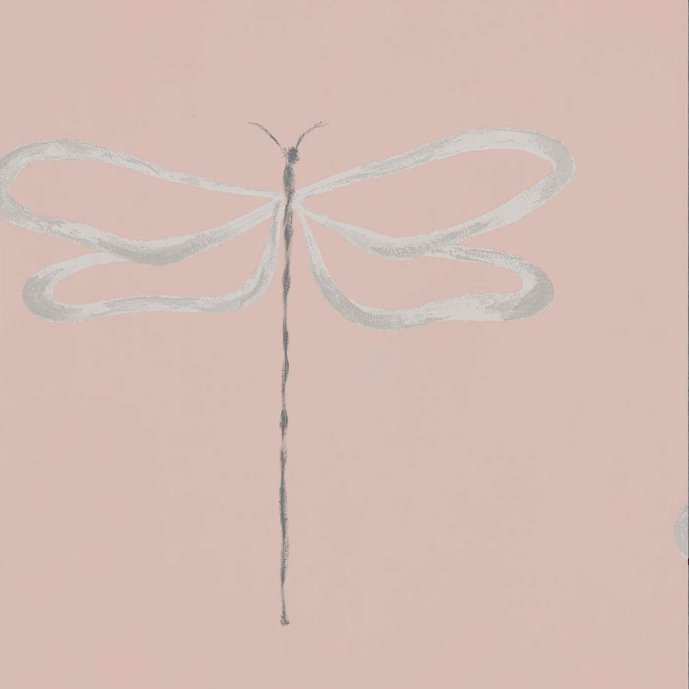 Dusty blush wallpaper with an oversized pale grey, painterly dragonfly motif