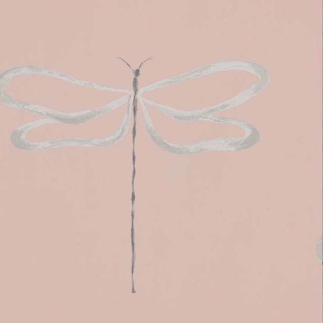 Dusty blush wallpaper with an oversized pale grey, painterly dragonfly motif
