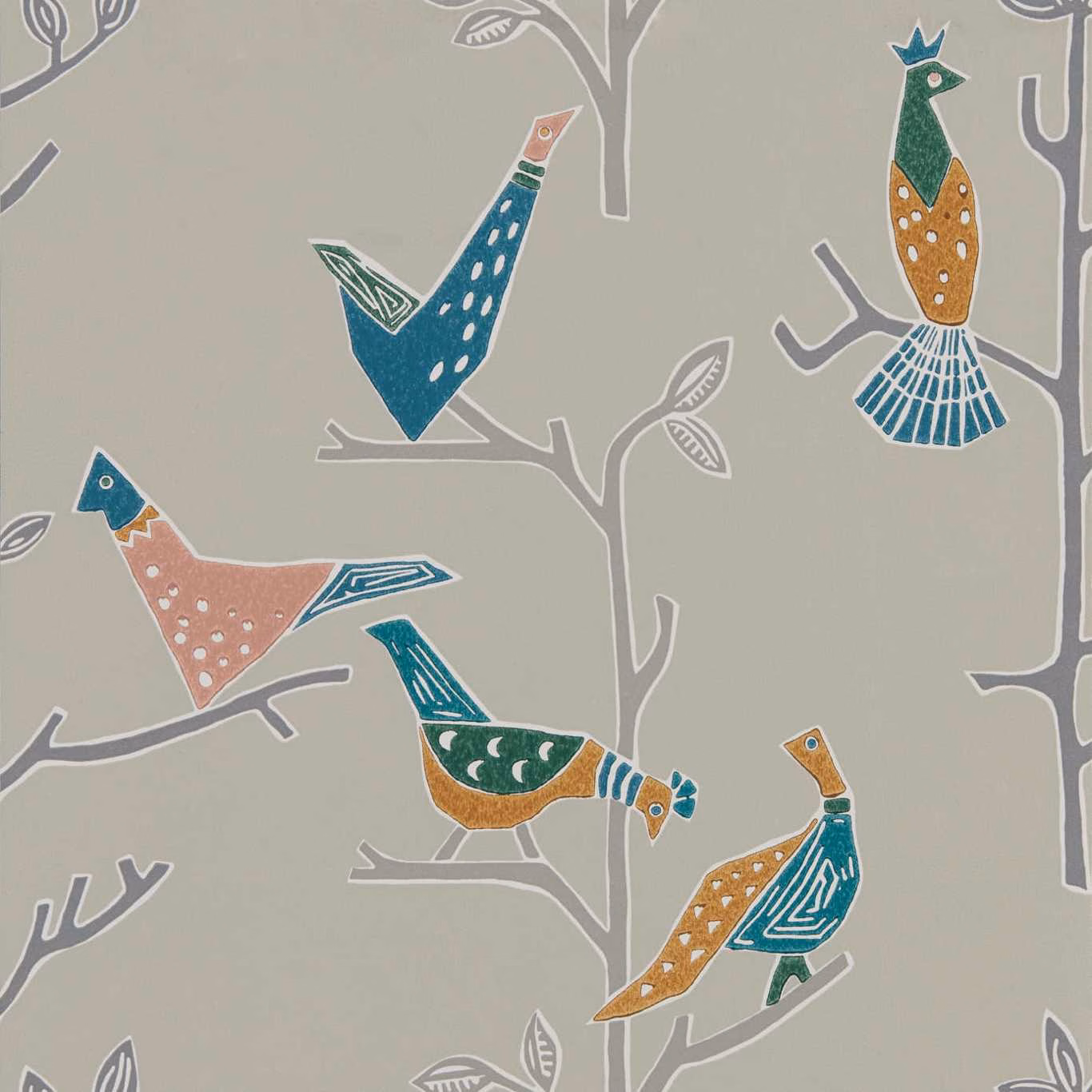 Ginger and teal birds with white details among pale branches on warm grey wallpaper