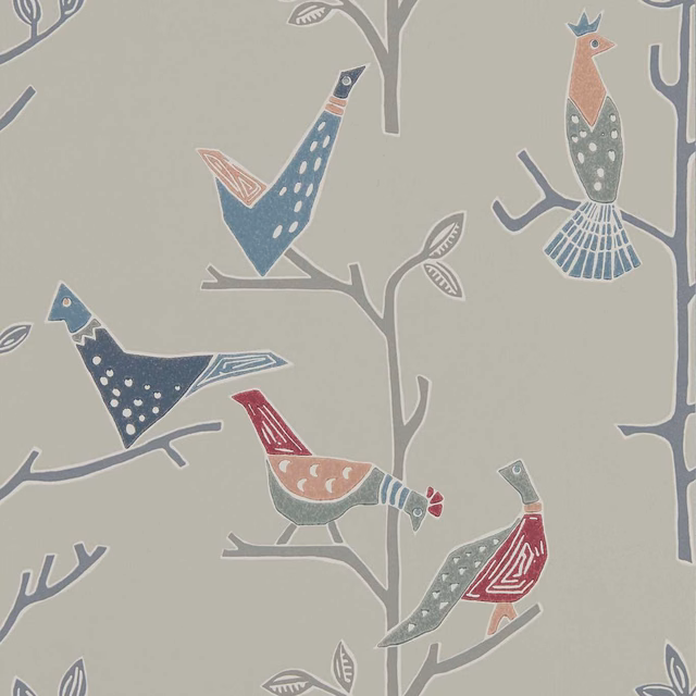 Muted rose and steel-blue birds on a soft grey-green branching wallpaper ground