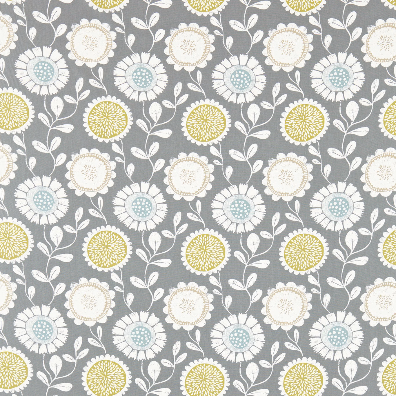 Cool grey floral fabric with acid yellow, cream and pale blue flower heads
