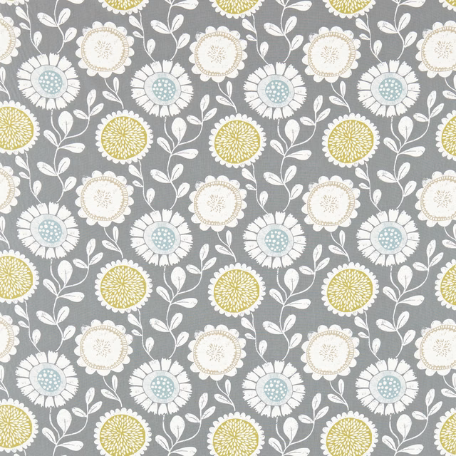 Cool grey floral fabric with acid yellow, cream and pale blue flower heads