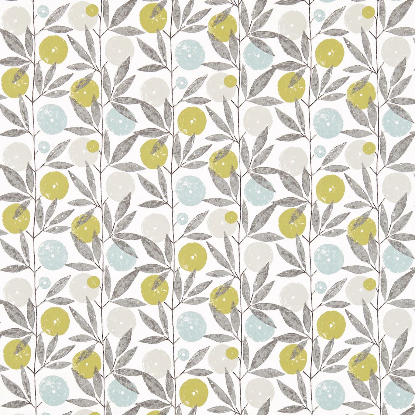 Kiwi and pale aqua circles among grey leafy branches on a light ground