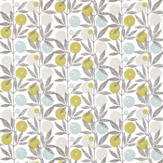 Kiwi and pale aqua circles among grey leafy branches on a light ground