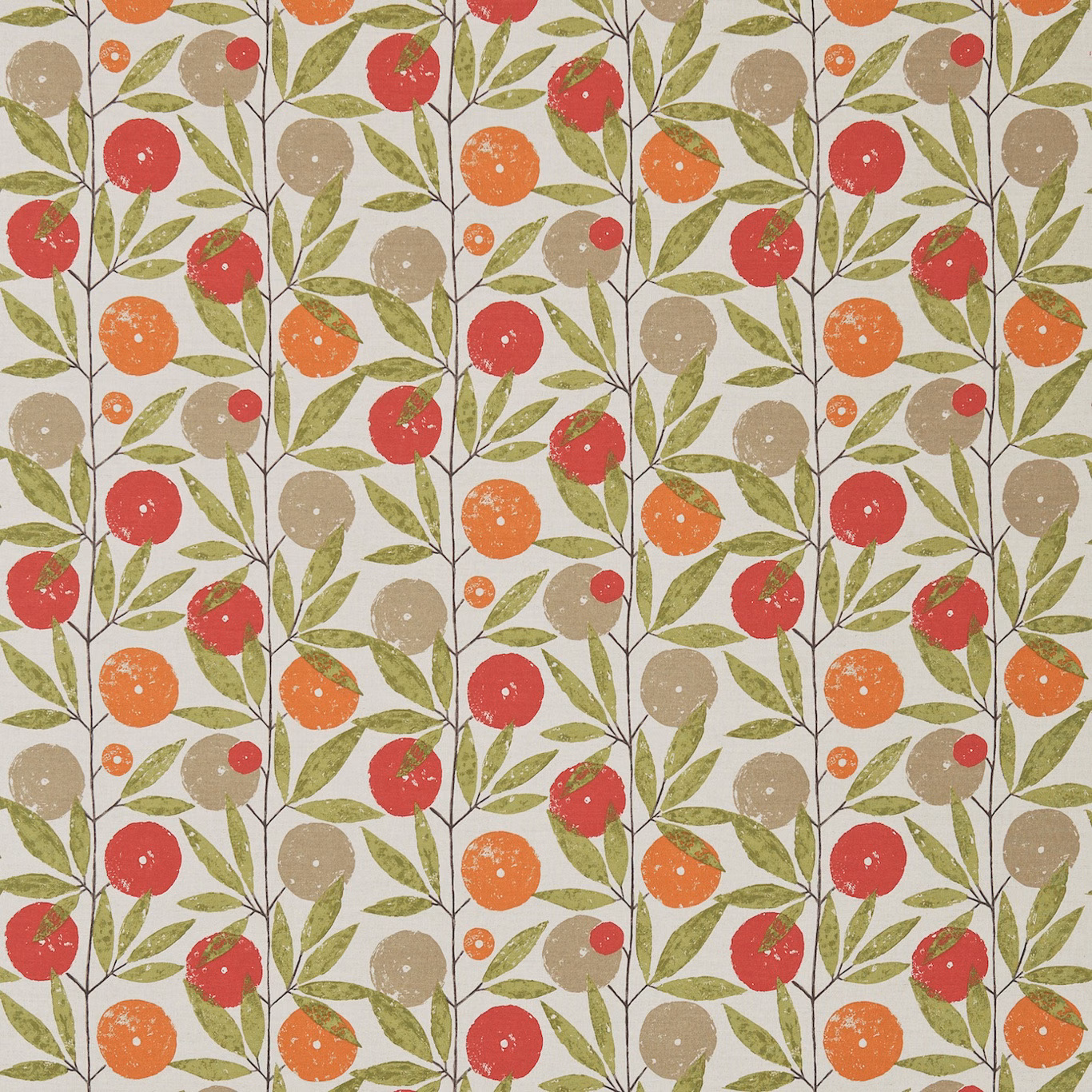 Cream botanical fabric with chilli-red, tangerine and taupe fruits among olive leaves