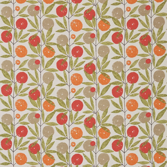 Cream botanical fabric with chilli-red, tangerine and taupe fruits among olive leaves