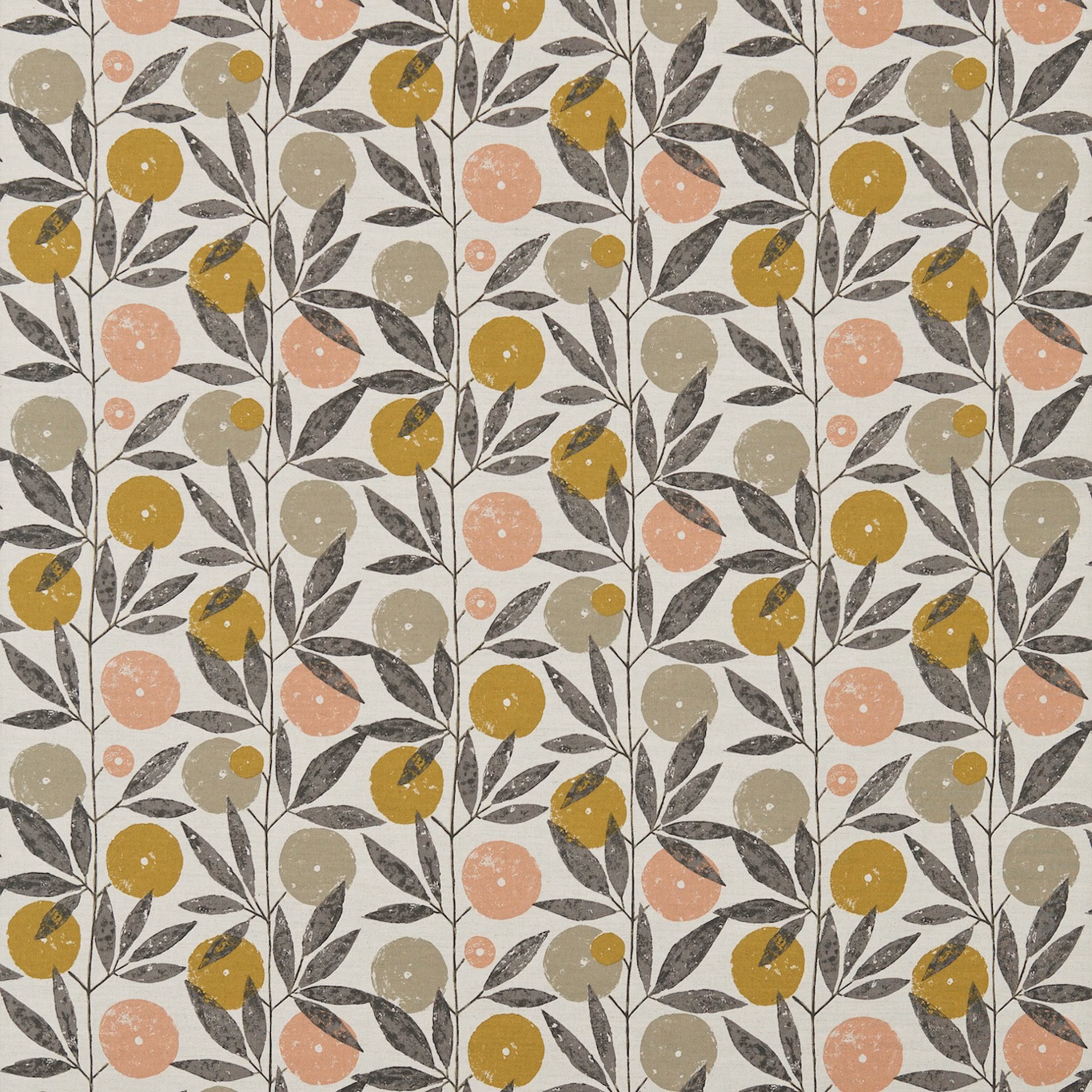 Putty botanical fabric with mustard fruit, blush circles and charcoal-grey leaves