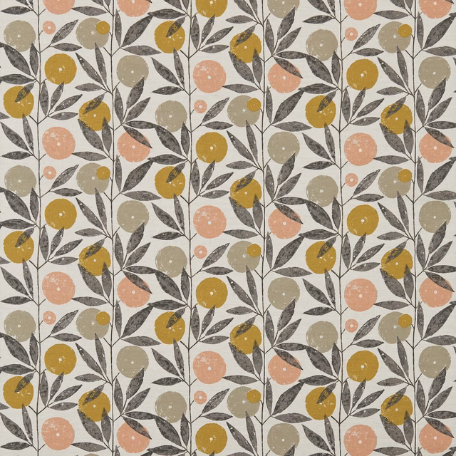 Putty botanical fabric with mustard fruit, blush circles and charcoal-grey leaves