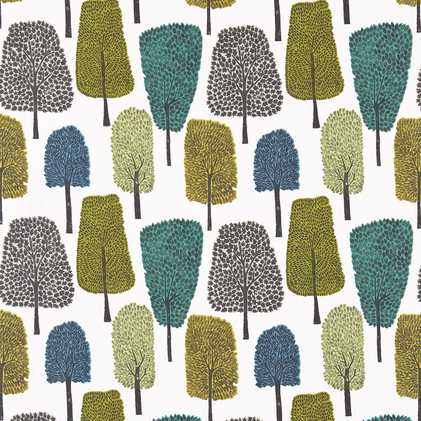 Slate, apple and ivy tree motifs on an off-white textile ground