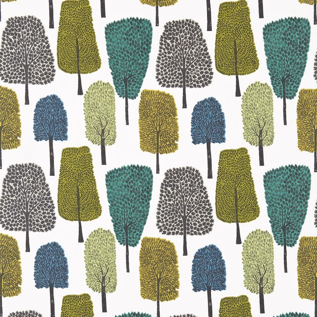 Slate, apple and ivy tree motifs on an off-white textile ground