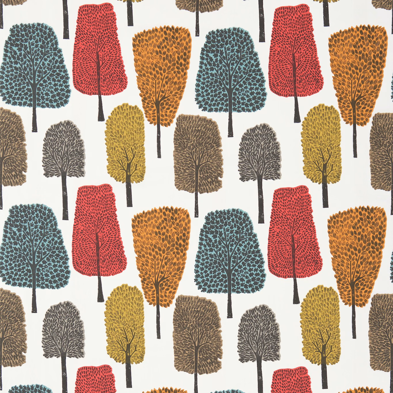 Ivory fabric with teal, chilli red, tangerine and mustard tree motifs.