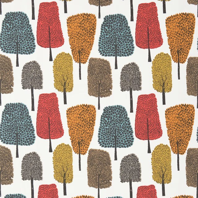 Ivory fabric with teal, chilli red, tangerine and mustard tree motifs.