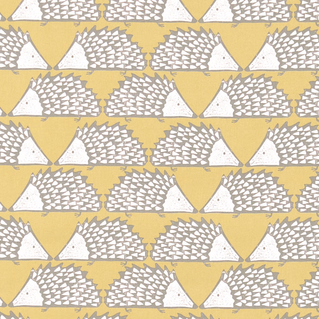 Warm honey ground with repeating white and grey hedgehogs in a geometric pattern