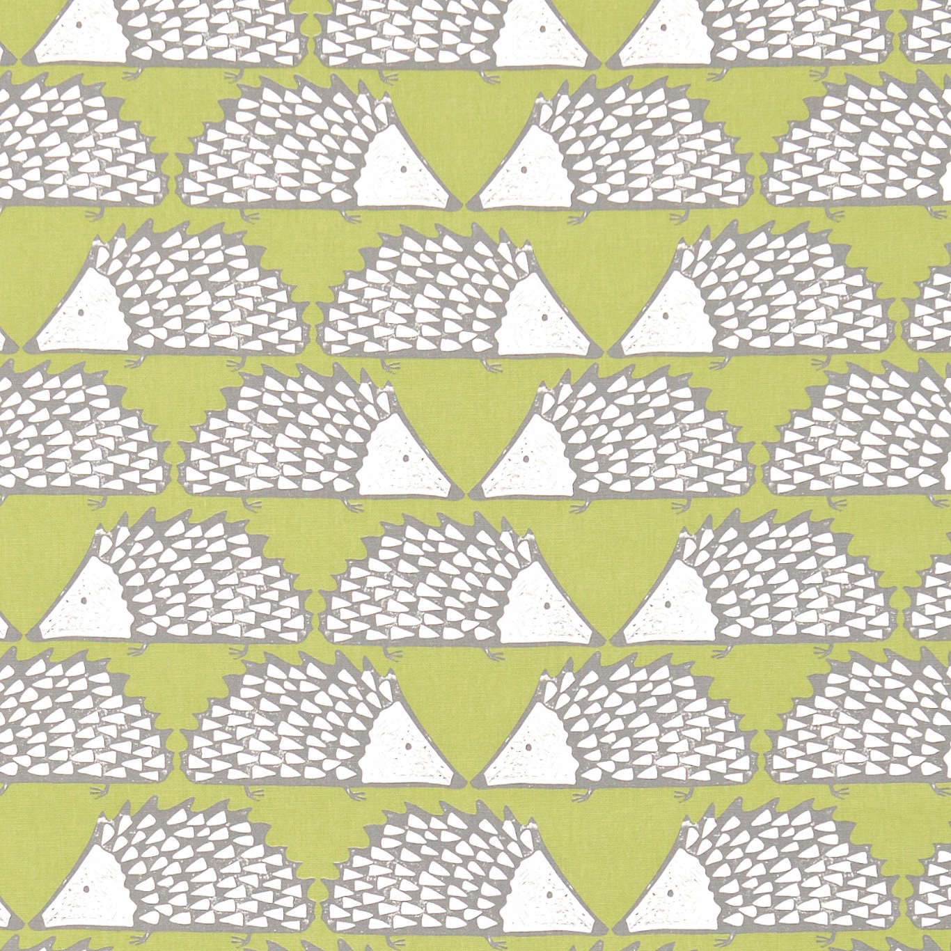 Kiwi green fabric with repeating grey and white hedgehog motifs