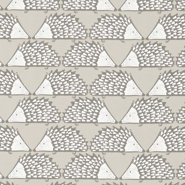 Mink taupe hedgehog fabric with cream faces and charcoal quill pattern