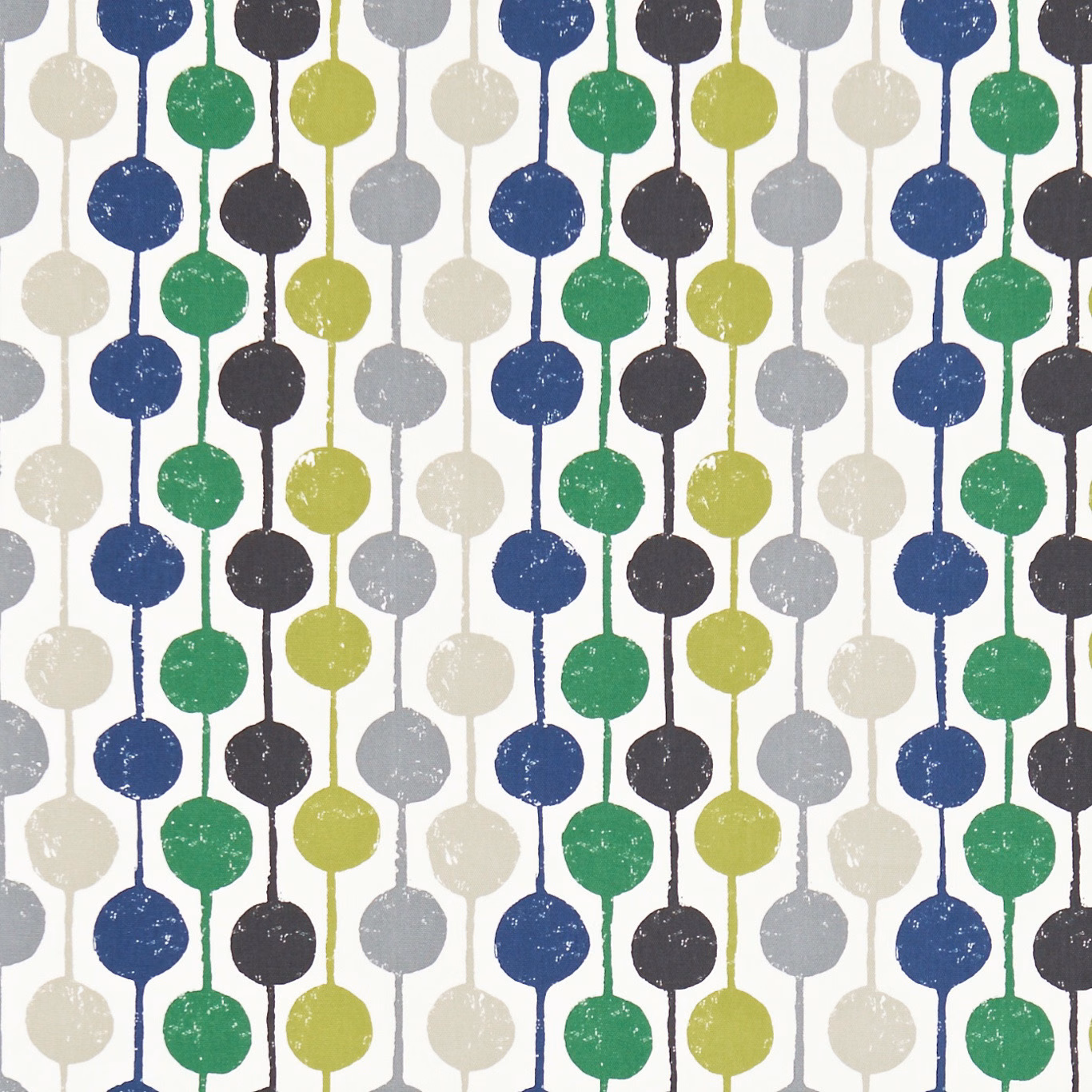 Apple green, slate blue and charcoal circles on an ivory vertical-stripe ground