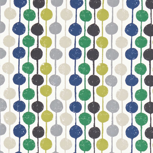 Apple green, slate blue and charcoal circles on an ivory vertical-stripe ground