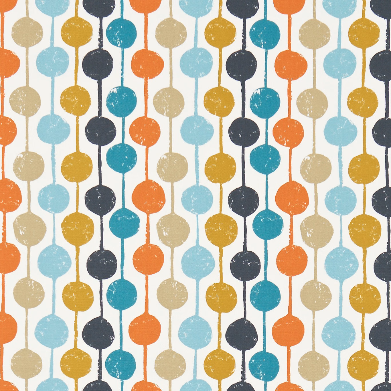 Sulphur, tangerine, teal and aqua circular motifs on a cream textured fabric