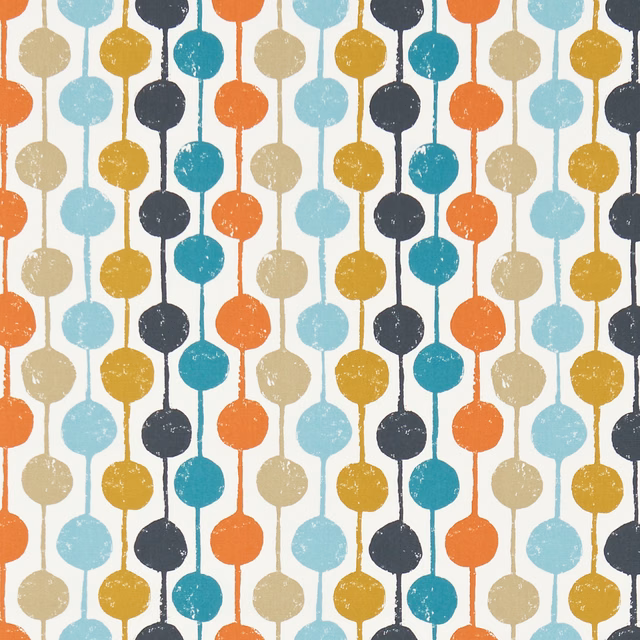 Sulphur, tangerine, teal and aqua circular motifs on a cream textured fabric