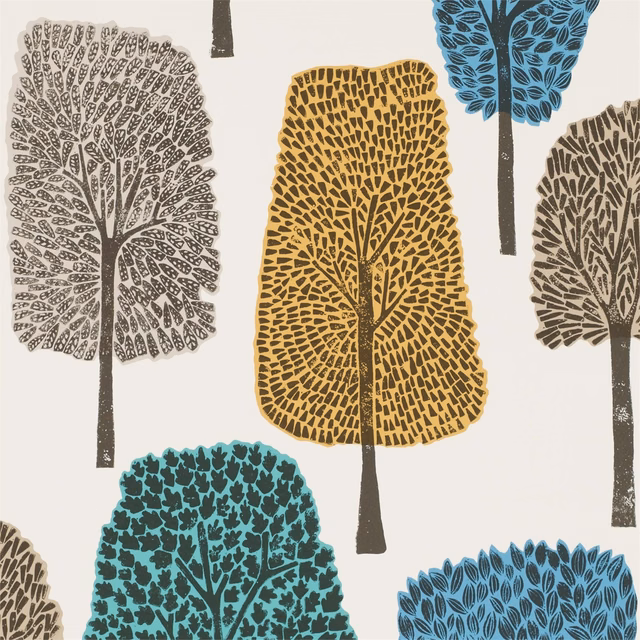 Almond wallpaper with ochre, cobalt and turquoise stylised tree motifs