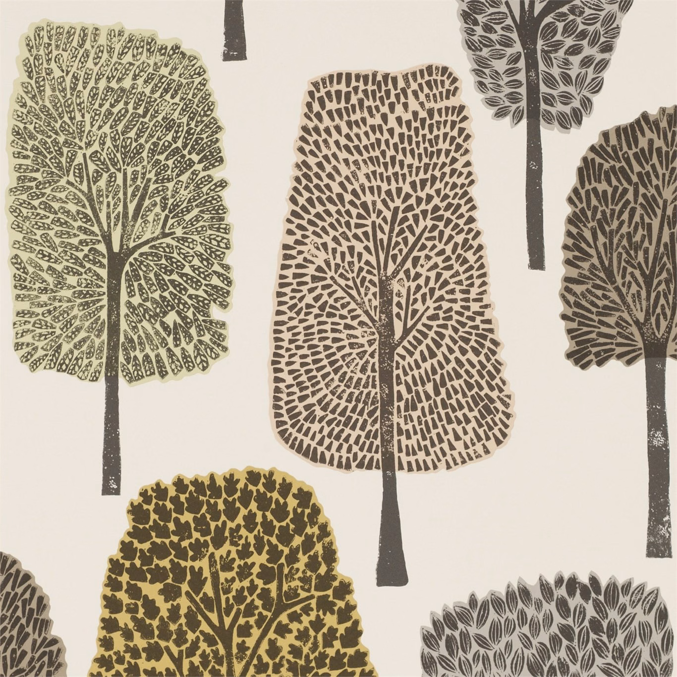 Stylised olive, taupe and toffee trees printed on a warm cream wallpaper ground