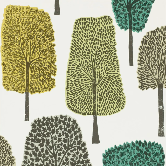 Slate, apple and ivy tree silhouettes on a soft ivory ground