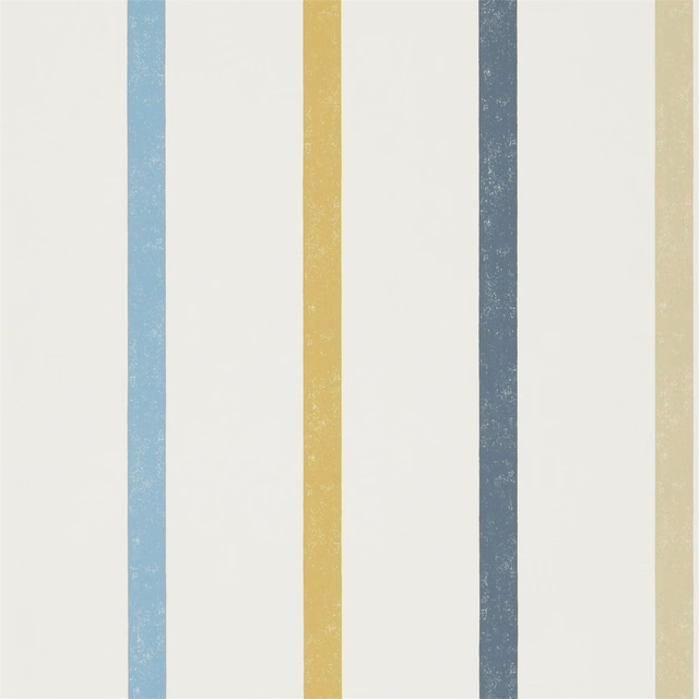 Pale cobalt, mustard and midnight vertical stripes on an almond ground with mottled texture