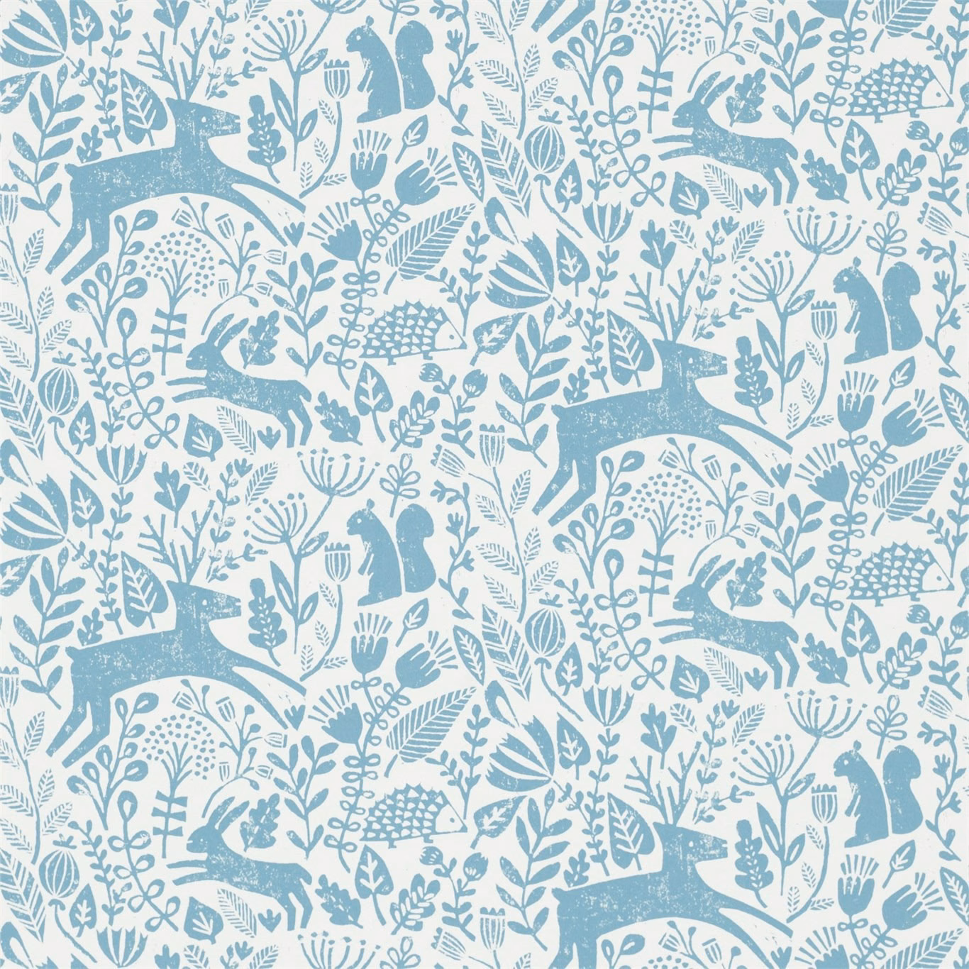 Pale cobalt woodland animals and botanical silhouettes on an airy blue-white ground