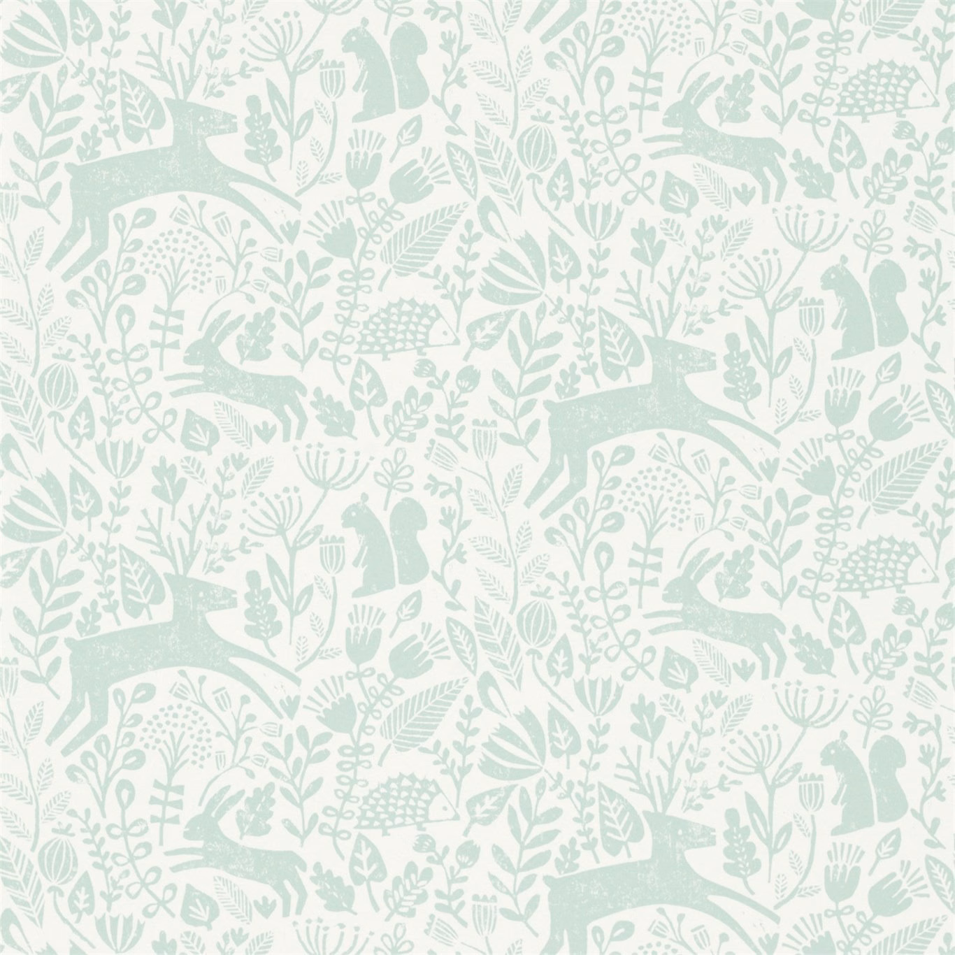 Pale seafoam woodland wallpaper with deer, birds, foliage and delicate botanical marks