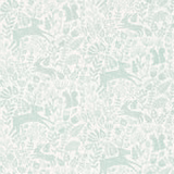 Pale seafoam woodland wallpaper with deer, birds, foliage and delicate botanical marks