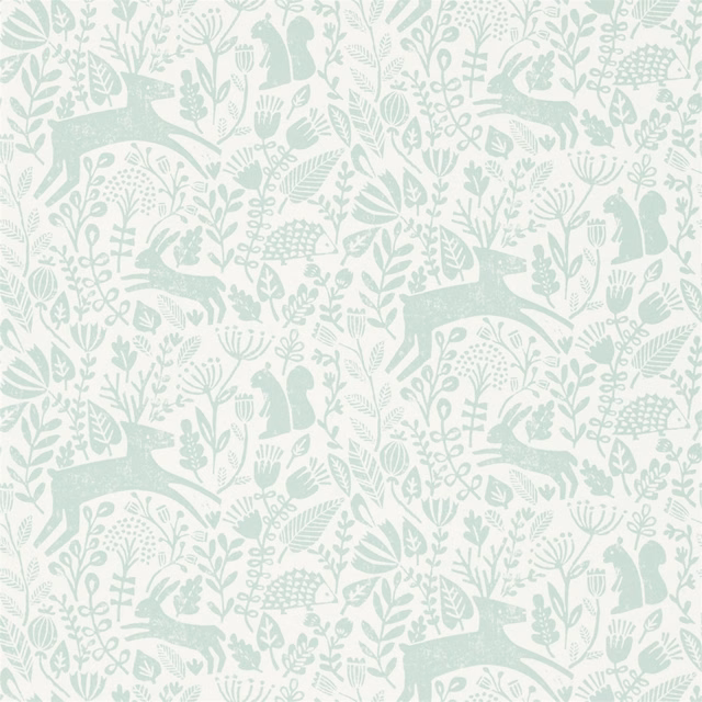 Pale seafoam woodland wallpaper with deer, birds, foliage and delicate botanical marks