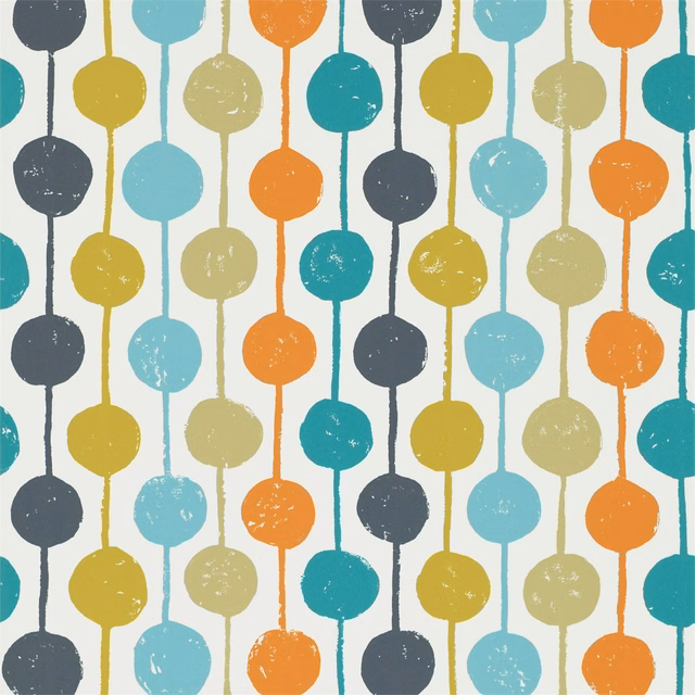 Sulphur yellow, tangerine and kingfisher circles on cream wallpaper