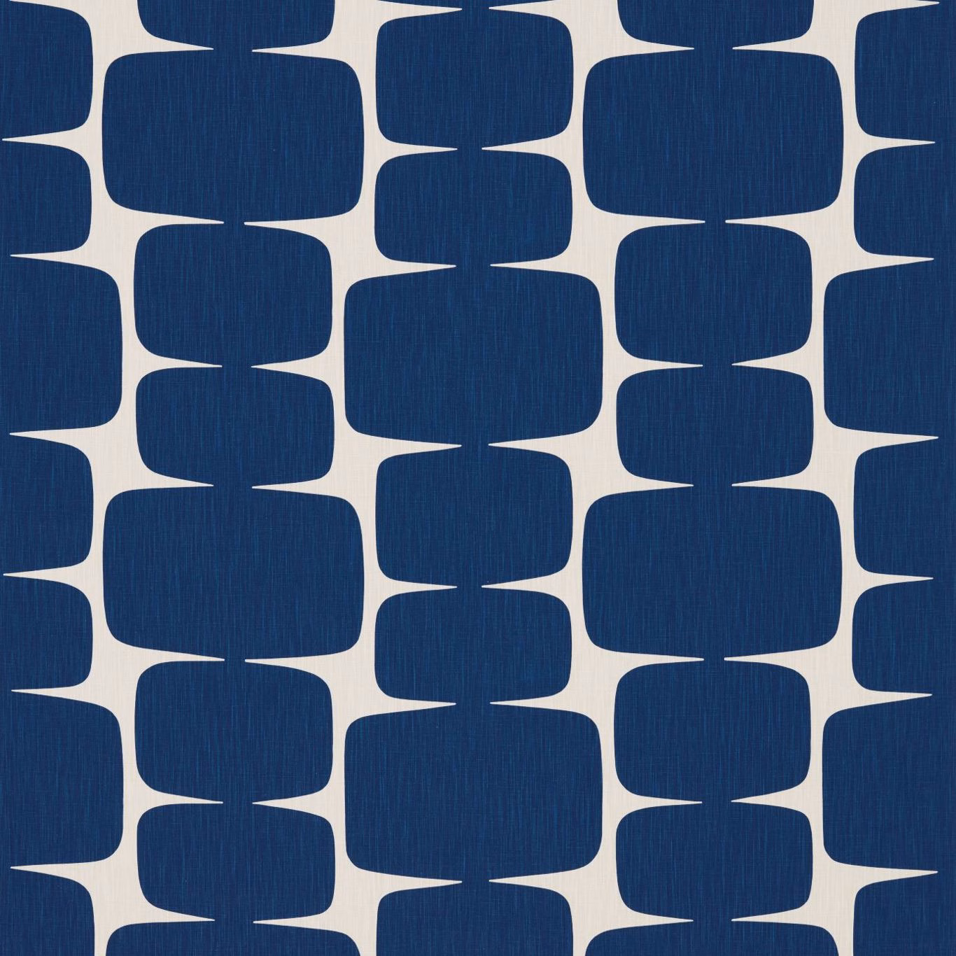 Deep indigo rounded-block geometry on a jasmine ground with fine vertical texture