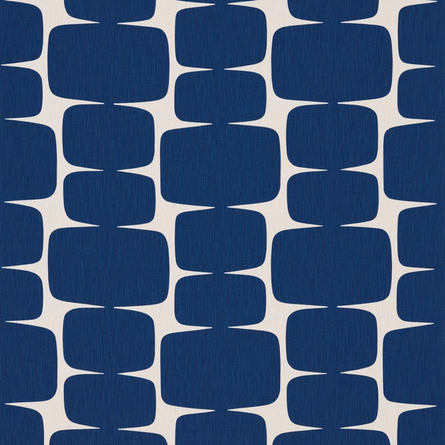 Deep indigo rounded-block geometry on a jasmine ground with fine vertical texture