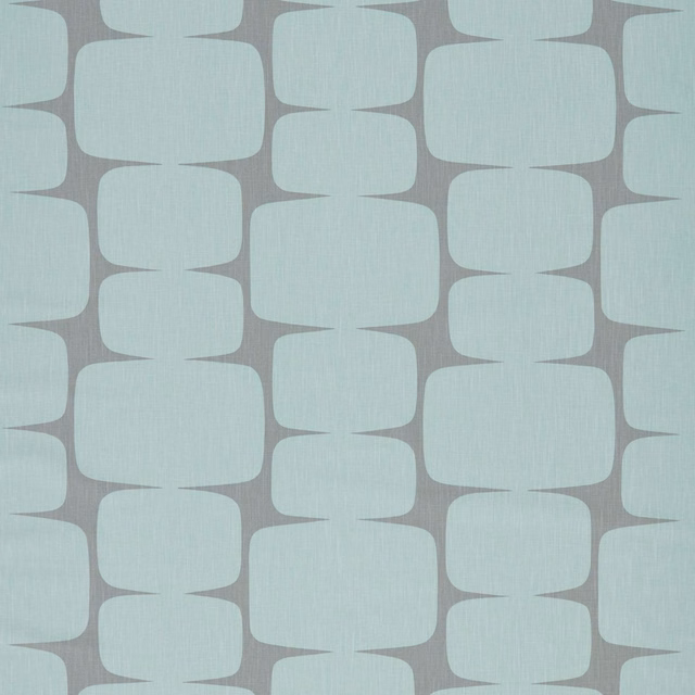 Pale mist teal fabric with large rounded graphite geometric blocks and fine woven texture