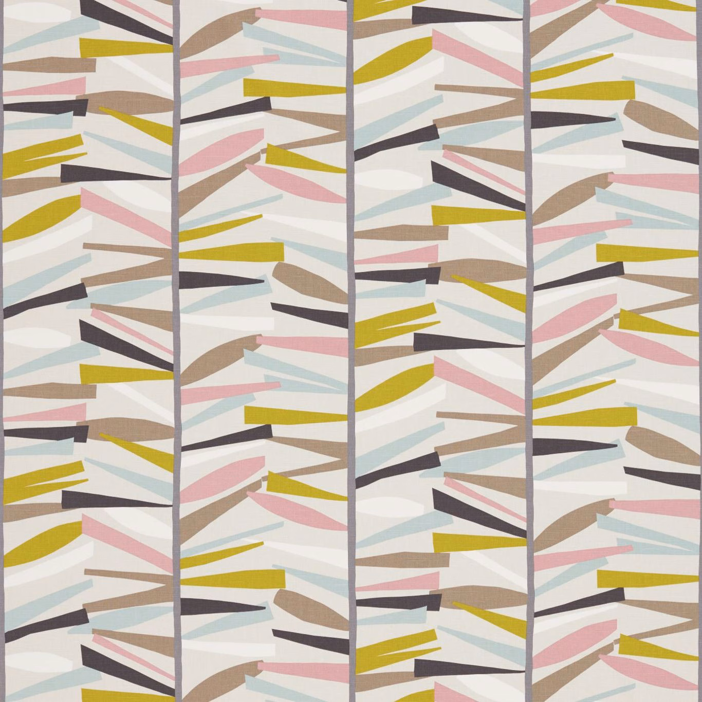 Cream fabric with olive, blush, taupe and charcoal angular strokes between grey lines
