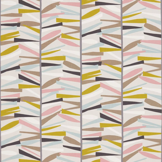 Cream fabric with olive, blush, taupe and charcoal angular strokes between grey lines