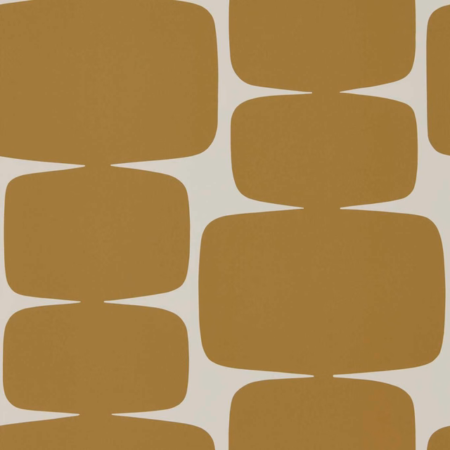 Warm cinnamon-ochre rounded blocks on a chalky cream geometric wallpaper ground