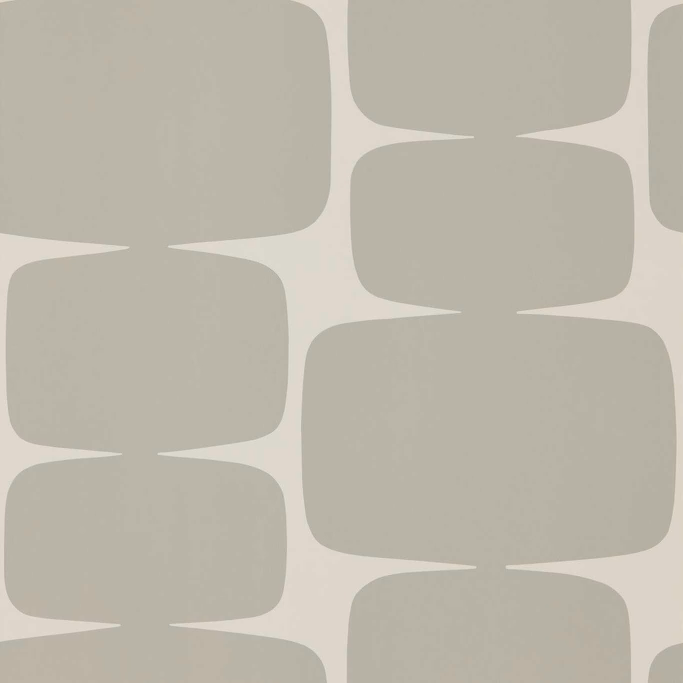 Warm greige wallpaper with large rounded geometric blocks on an ivory ground