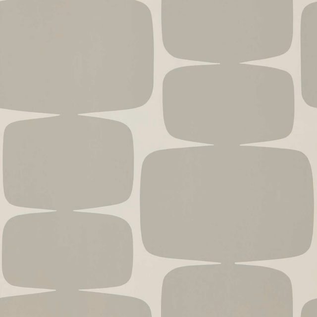 Warm greige wallpaper with large rounded geometric blocks on an ivory ground