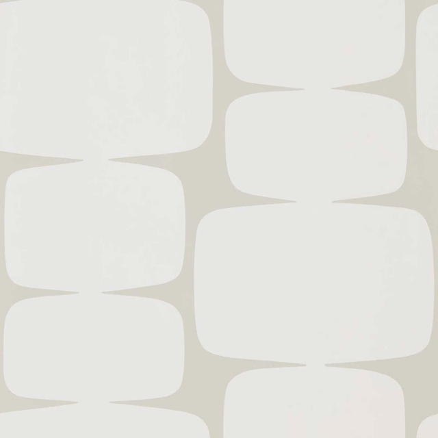 Pale greige Lohko wallpaper with oversized ivory rounded-block motif