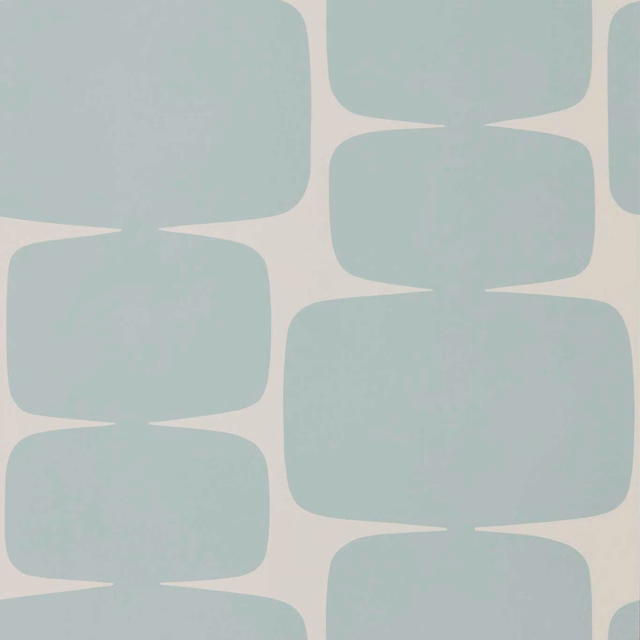 Pale blue-green rounded geometric blocks on a warm off-white wallpaper ground
