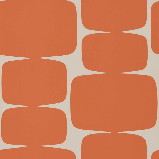 Warm paprika rounded blocks on a pale beige ground in a repeating geometric layout