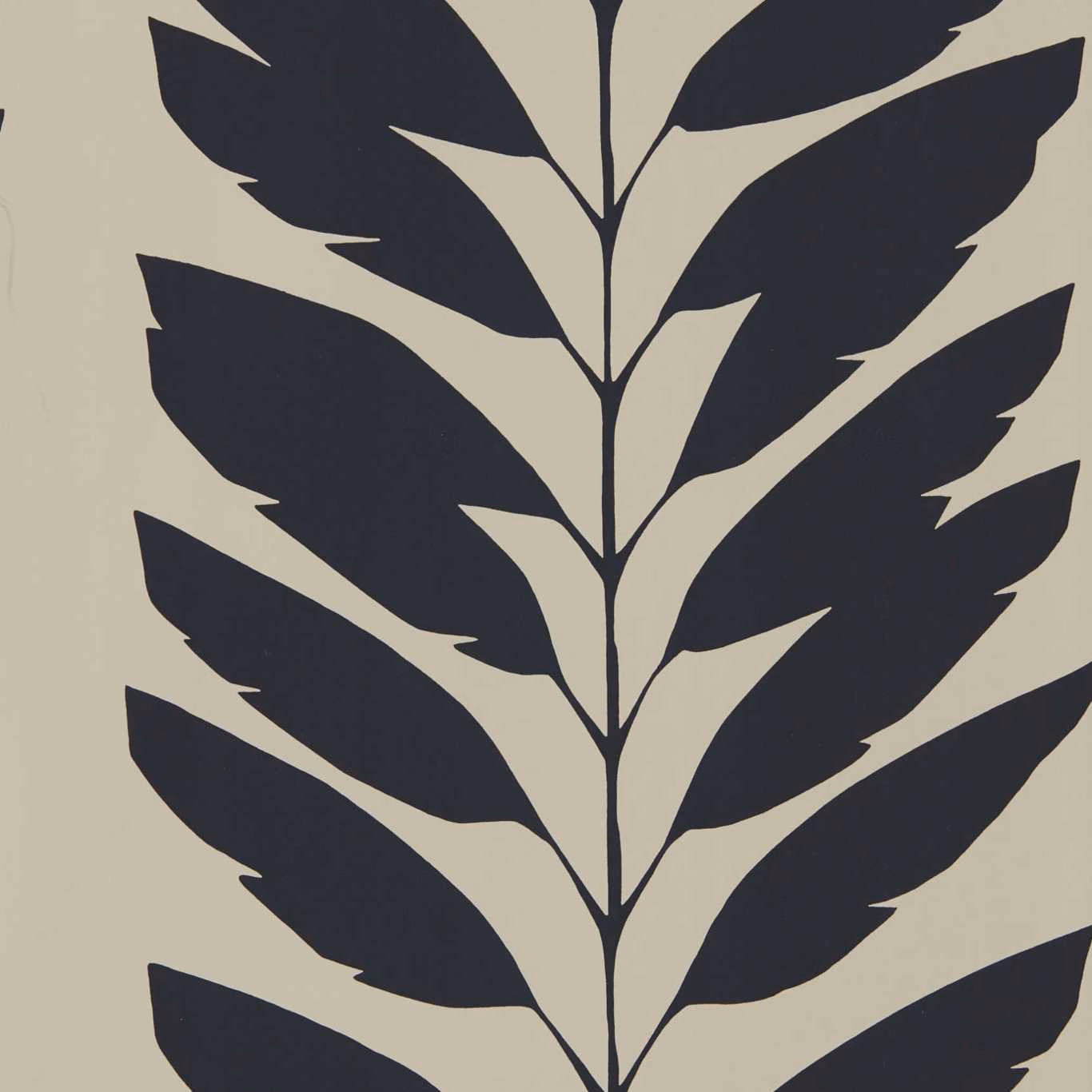 Warm taupe wallpaper with oversized charcoal leafy stems and sharply cut silhouettes