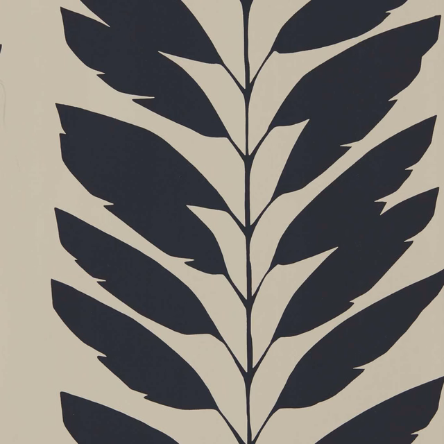 Warm taupe wallpaper with oversized charcoal leafy stems and sharply cut silhouettes