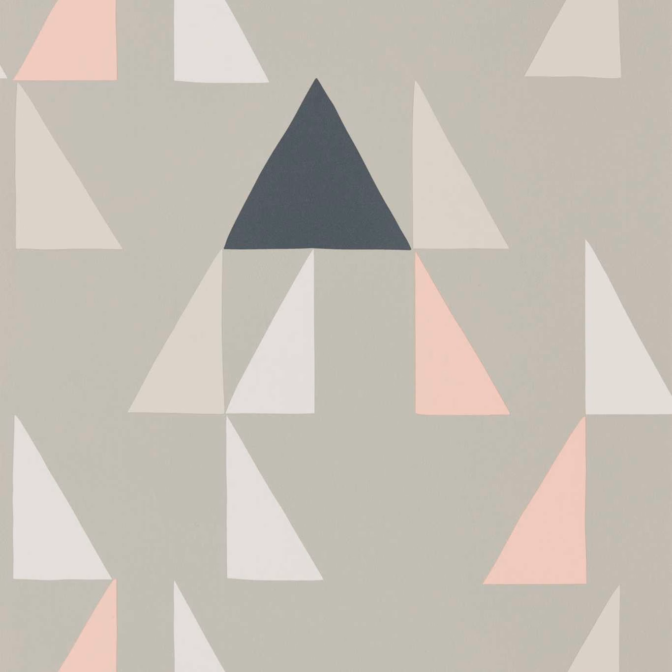 Geometric wallpaper with blush, parchment and blue-grey triangles on a dove-grey ground