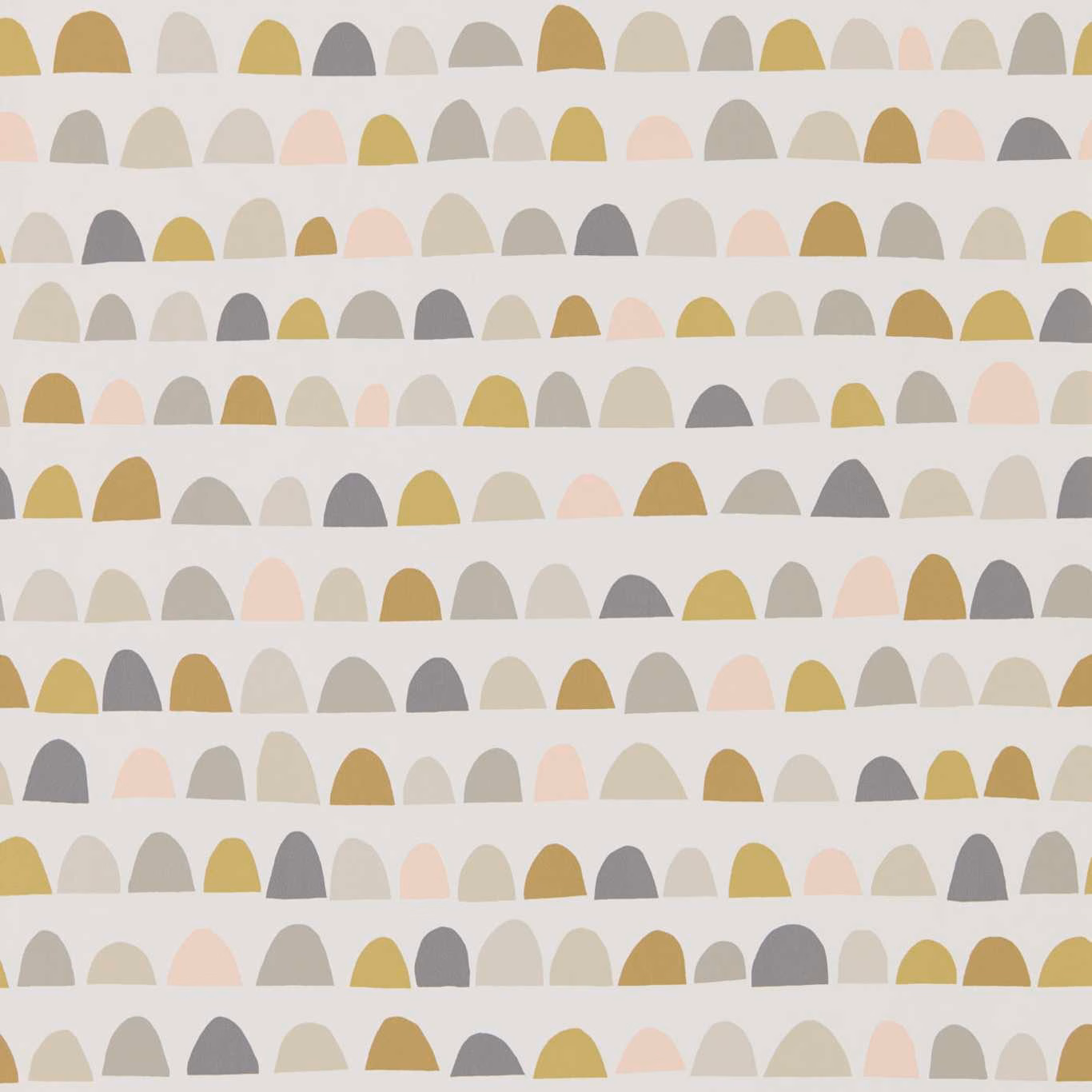Rows of rounded arches in blush, honey, grey and linen on a pale ground