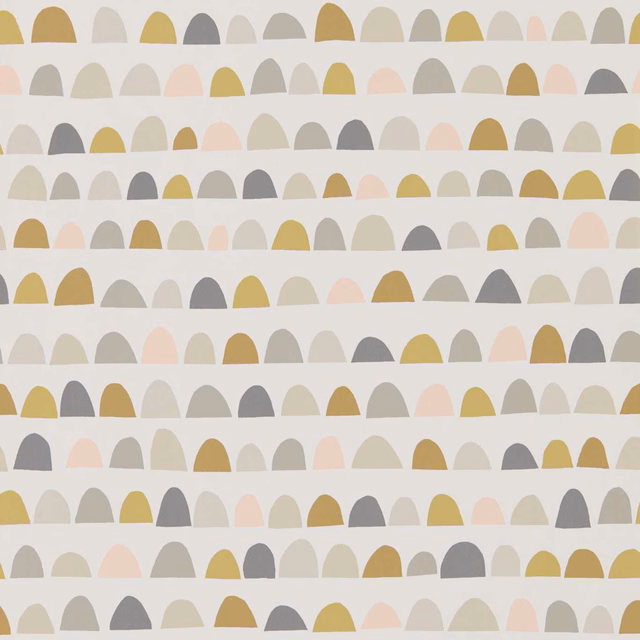 Rows of rounded arches in blush, honey, grey and linen on a pale ground