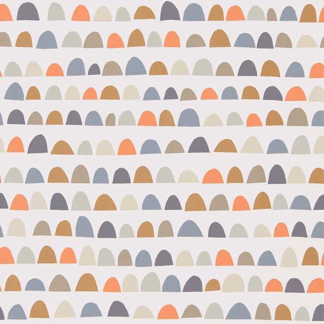 Rows of paprika, nutmeg and jet arch motifs on an ivory Scion wallpaper ground
